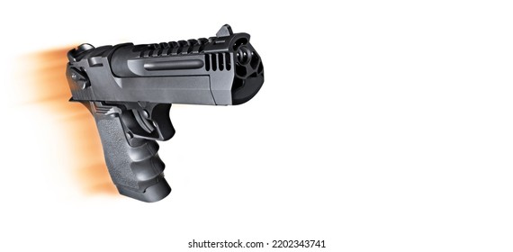 Semi Auto Pistol Moving Fast Across A White Background With Copy Space