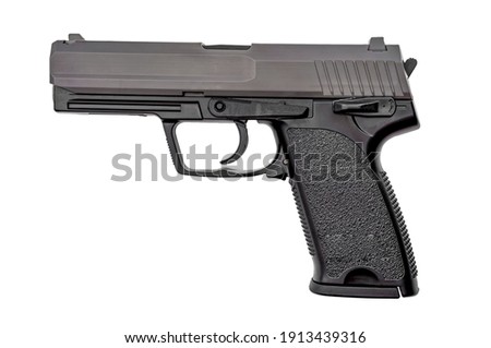 Semi automatic gun, 2nd amendment and the right to bear arms concept with picture of handgun isolated on white background with clipping path cutout