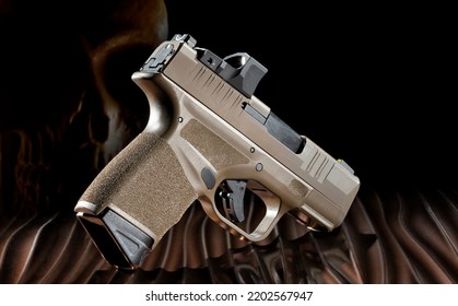 Semi Automatic Pistol With Skull Behind To Signify A Ghost Gun