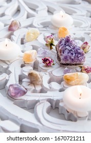 Semi precious stone crystal grid in home helps intentions to manifest concept. Alternative lifestyle. Relaxation and balance, wealth. Side view, selective focus.