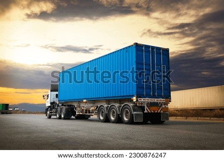Semi Trailer Truck Driving on Highway Road. Shipping Container Trucks. Commercial Truck Transport. Delivery Express. Diesel Trucks. Lorry Tractor. Freight Trucks Logistics, Cargo Transport