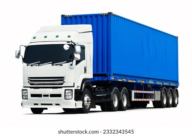 Camiones Semi Trailer aislados en fondo blanco. Contenedor de carga de envío, Camiones de entrega, almacén de distribución. Importación- Exportación, Transporte de carga de camiones de mercancías. Logística de almacén.