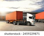 Semi Trailer Trucks on The Parking Lot in Warehouse. Truck Loading Goods at Warehouse. Container Shipping. Tractor Truck. Trucking. Lorry Diesel Trucks. Freight Truck Logistics Cargo Transport.	
