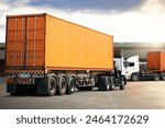 Semi Trailer Trucks on The Parking Lot at Warehouse. Truck Loading Goods at Warehouse. Container Shipping. Tractor Truck. Trucking. Lorry Diesel Trucks. Freight Truck Logistics Cargo Transport.