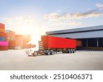 Semi Trailer Trucks on The Parking Lot at Port Warehouse. Cargo Container Shipping. Logistics Transportation Industry. Lorry Diesel Trucks. Freight Truck Logistics Cargo Transport.