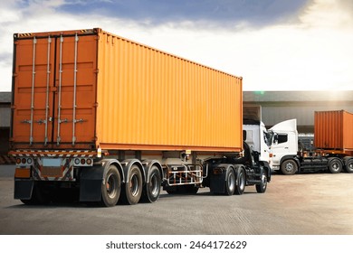 Semi Trailer Trucks on The Parking Lot at Warehouse. Truck Loading Goods at Warehouse. Container Shipping. Tractor Truck. Trucking. Lorry Diesel Trucks. Freight Truck Logistics Cargo Transport.