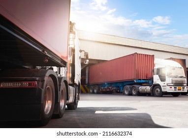 Semi Trailer Trucks Parked Loading At Dock Warehouse. Shipping Cargo Containes. Distribution Warehouse Center. Lorry.  Industry Freight Trucks Cargo Transport Logistics.	
