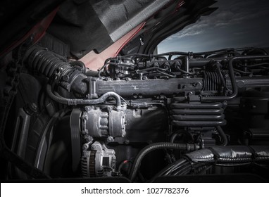 Semi Truck Diesel Engine Checkup And Scheduled Maintenance.Trucking Theme.