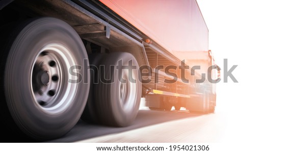 Semi Truck Driving on Road with Copy Space on White\
Background. Lorry Trailer. Industry Shipment Freight Truck\
Transportation. 