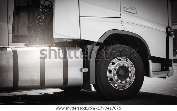 Semi truck on parking, Truck's large oil tank, fuel
gas tank