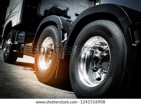 Semi Truck on Parking. Truck Wheels Tires. Alloy Chrome Wheel. Tractor Lorry. Freight Trucks Cargo Transport Logistics. Auto Service Repair Shop