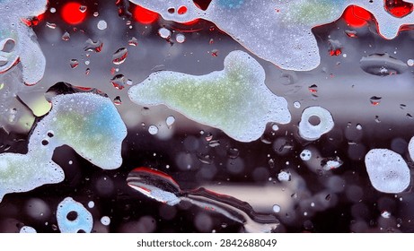 Semi-abstract pattern, or assemblage, of soap suds, water droplets, and red bokeh lights under glass. Cornelius North Carolina 2026