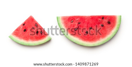 Semicircle and triangle shaped ripe watermelon slices isolated on white background, panorama