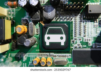 Semiconductor chips in automotive manufacturing. Electronic circuit boards with processor unit. Smart cars micro chip concept background.    