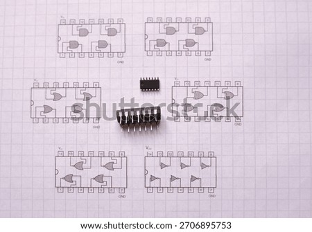 Semiconductor chips, containing logic gates. Main logic circuit diagrams.