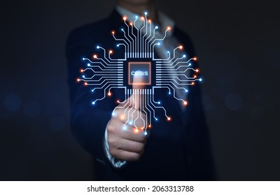 Semiconductor crisis worldwide concept. Businessman touching Futuristic semiconductor  CPU and  electronics circuit with blue lights and effects. 