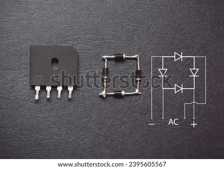 Semiconductor electronic AC-DC converter component. Bridge-diode and bridge-diode schema. 