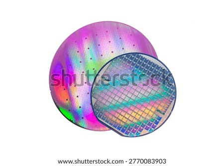 Semiconductor silicon wafer disk chip made of silicon isolated on white background used in electronics for the fabrication of integrated circuits.