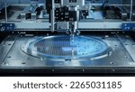 Semiconductor Wafer after Dicing Process. Silicon Dies are Being Extracted by Pick and Place Machine. Computer Chip Manufacturing, Packaging Process.