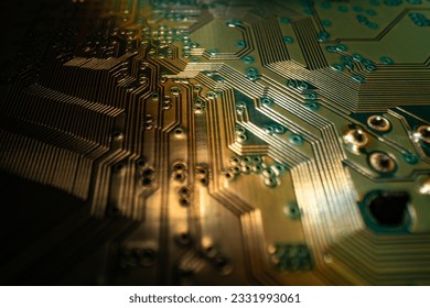 Semiconductors chip. Technology background. High tech electronic circuit board background. Close-up macro electronic circuit board, technology chips to the motherboard. Tech background.