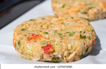 Semi-finished Product Of Crab Cakes.
Uncooked Fish, Crab Patties.
Close-up.