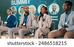 Seminar, presentation and group of business people on stage for coaching expert, event and convention in auditorium. Leadership, summit and speaker panel for networking workshop, tradeshow or speech