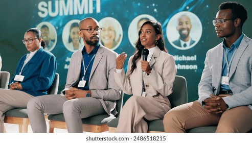 Seminar, presentation and group of business people on stage for coaching expert, event and convention in auditorium. Leadership, summit and speaker panel for networking workshop, tradeshow or speech - Powered by Shutterstock