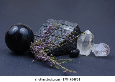 semiprecious stones - black tourmaline amethyst, smoky quartz and obsidian with heather branch