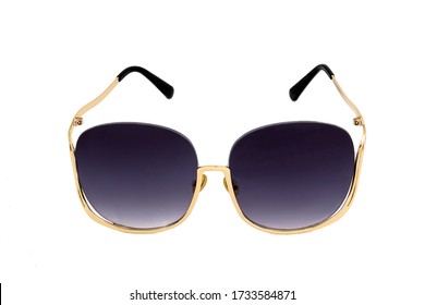 Semi  rimless square round sunglasses and dark blue gradient lens  half under rim gold color frame   curved earpiece  isolated white background  front view 