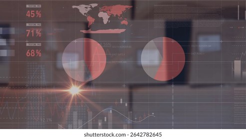 Semi-transparent dashboard overlay in office, showing pie charts world map percentages and charts. Analytics, dashboard, data visualization, finance, technology, corporate, business intelligence - Powered by Shutterstock - Get 15% off with code: PIKWIZARD15