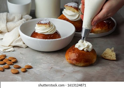 Semla or semlor, vastlakukkel, laskiaispulla is a traditional sweet roll made in various forms in Sweden, Finland, Estonia, Norway, Denmark, especially Shrove Monday and Shrove Tuesday      