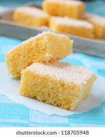 Semolina Cake With Coconut On A Blue Background