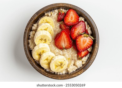  Semolina porridge bowl with banana and strawberry close up. Image illustrated food for advertisement - Powered by Shutterstock