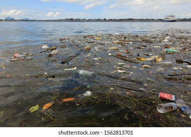 SEMPORNA, MALAYSIA - CIRCA NOVEMBER 2019: Plastic Garbage Patch Pollutes The Ocean. 