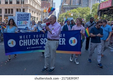 Senate Majority Leader Snator Chuck Schumer (C) Participates In The New York City Pride Parade On June 26, 2022 In New York City.