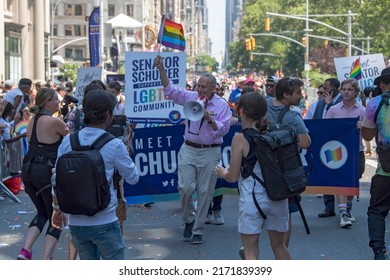 Senate Majority Leader Snator Chuck Schumer (C) Participates In The New York City Pride Parade On June 26, 2022 In New York City.