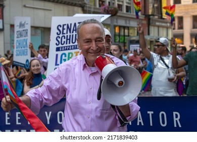 Senate Majority Leader Snator Chuck Schumer (C) Participates In The New York City Pride Parade On June 26, 2022 In New York City.