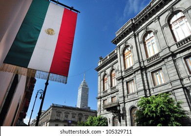 The Senate Of The Republic Of Mexico Building And Latin-American Tower Skyscraper In Mexico City, Mexico. No People. Copy Space