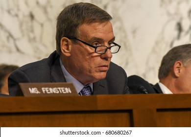 Senator Mark Warner Vice Chairman of the Senate Intelligence Committee questions US. Attorney General Jeff Sessions at the Senate Intelligence Committee hearings, Washington DC, June 13, 2017. 