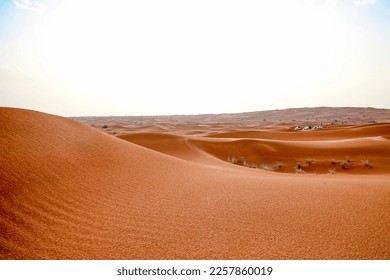 The send of the Desert. Sahara send texture. Thousand kilometers of row of sand dunes, barkhan belt and fixed by special plants sands, pebbly upland sand plots, thorny bushes. Send storm - Shutterstock ID 2257860019