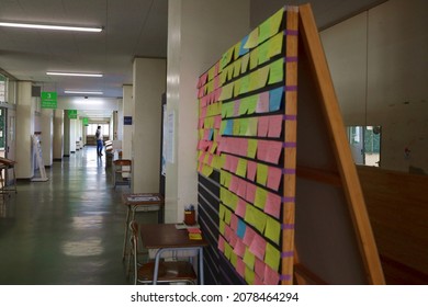 Sendai City, Miyagi Prefecture Japan, November 2021. Earthquake Remains Arahama Elementary School.
Visitor Messages Posted On The Bulletin Board On The Premises.