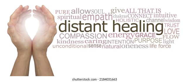 Sending Love and Light Distant Healing Word Cloud - female cupped hands with bright white light between beside a DISTANT HEALING word cloud against a white background
				