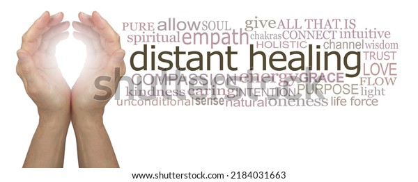Sending Love and Light\
Distant Healing Word Cloud - female cupped hands with bright white\
light between beside a DISTANT HEALING word cloud against a white\
background\
