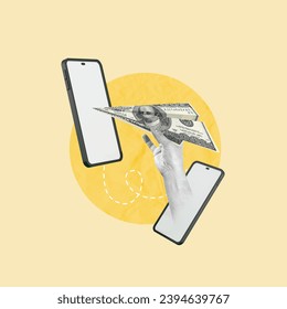 Sending money from one cell phone to another, hand with dollar bill, dollar bill in the shape of an airplane, money transfer, instant transfer, technology, online banking, types of electronic transfer - Powered by Shutterstock