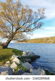 Seneca Lake fall shoreline scene at Lakeside Park, Watkins Glen, New York, United States