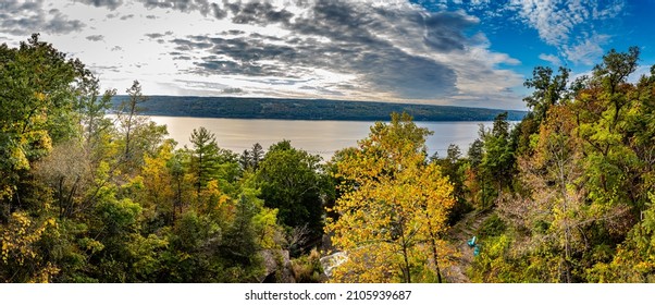 Seneca Lake at Hector Falls during the Autumn leaf color change in the Finger Lakes region of upstate New York. - Shutterstock ID 2105939687