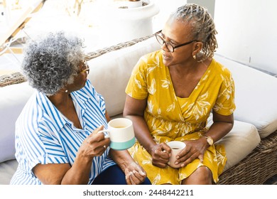 Senior African American woman and senior biracial woman enjoy a conversation over coffee at home. Both are dressed casually, creating a relaxed atmosphere in a bright, home setting. - Powered by Shutterstock