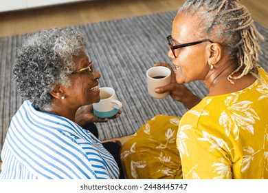 Senior African American woman and senior biracial woman enjoy a conversation over coffee at home. Both are dressed casually, the moment capturing a warm, friendly atmosphere between them. - Powered by Shutterstock