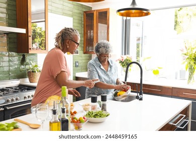 Senior African American woman and senior biracial woman are washing vegetables in a kitchen. They are surrounded by various ingredients, suggesting meal preparation in a home setting. - Powered by Shutterstock