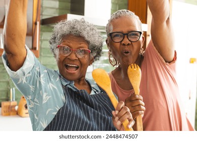 Senior African American woman and senior biracial woman celebrate with kitchen utensils. Both wear glasses and exude joy in a home kitchen setting. - Powered by Shutterstock